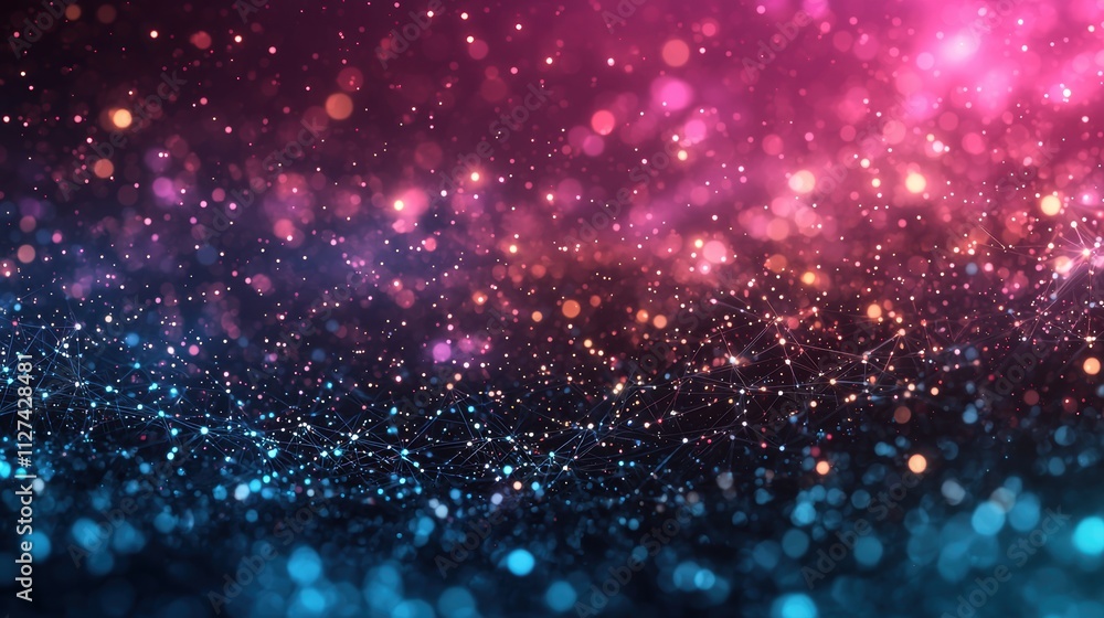 Aufkleber abstract network of glowing dots and connecting lines with bokeh lights in pink and blue hues on a d