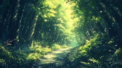 Obraz premium Sunlit path through lush green forest.