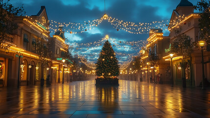 Festive Christmas Street Scene  Illuminated Shops  Decorated Tree  Holiday Lights