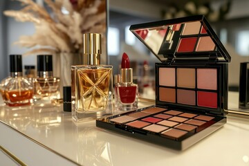 A luxury vanity setup with high-end perfumes, makeup palettes, and designer lipstick shades, set against a sleek, white backdrop.