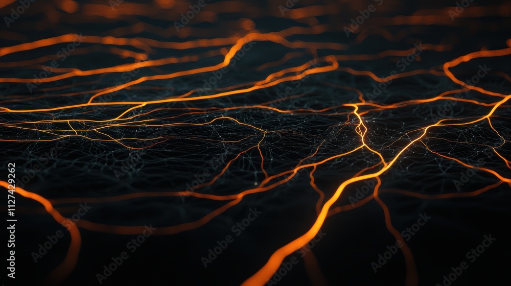 Aufkleber abstract glowing orange neural network lines on a dark background. futuristic design concept for tec