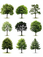 Fototapeta premium A Collection of Green Trees Standing Alone - Symbolizing nature, growth, resilience, solitude, and environmental preservation. A collection of diverse green trees, each standing alone against a white 