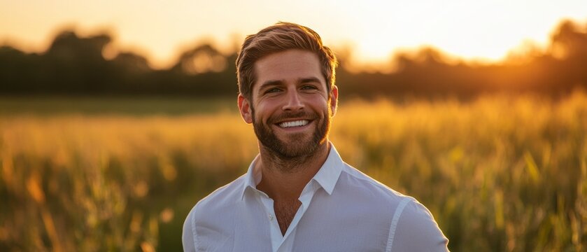 Captivating summer sunset illuminating a cheerful young man in a wheat field with his bright smile echoing warmth and vitality