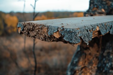 Fototapeta premium A rustic, weathered wooden fence stretches into the landscape, showing the beauty of natural textures and timeworn charm amid an autumnal backdrop.