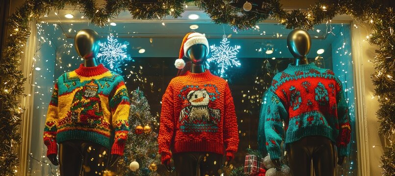 Festive Mannequin Display Featuring Colorful Ugly Holiday Sweaters with Tinsel and Fairy Lights