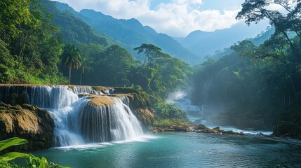 Fototapeta premium Breathtaking Waterfall in a Verdant Tropical Rainforest