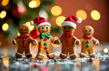 Obraz premium Family of gingerbread men against a background of Christmas lights