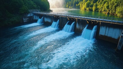 Obraz premium Photograph of a hydroelectric dam with four power plants, non-polluting energy, renewable resources