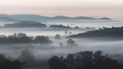 Obraz premium A foggy morning with silhouettes of distant hills barely visible through the mist