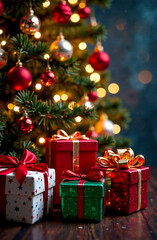 New Years gifts under the Christmas tree New Year card