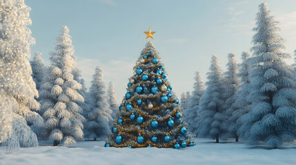 Majestic Christmas Tree in a Snowy Forest Decorated with Elegant Blue and Gold Ornaments Under a Bright Winter Sky