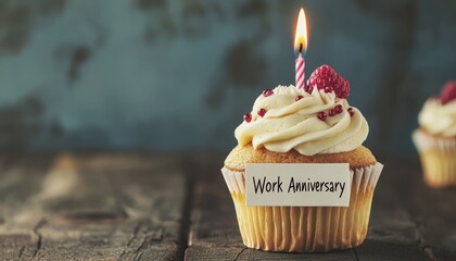A celebratory cupcake with a candle and "Work Anniversary" note, making it the perfect treat for office celebrations.