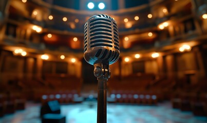 A microphone on a classic stage with ornate details and an expansive