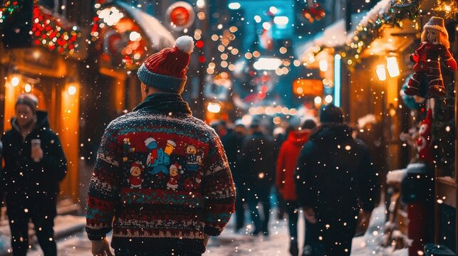 Festive Christmas Bar Crawl in Snowy Street with Ugly Sweaters and Holiday Decorations