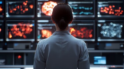 A focused scientist observes data on multiple screens, analyzing complex patterns and insights in a high-tech research environment.