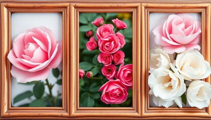 Triptych featuring blooming wild roses with a romantic, vintage feel, The panel should depict a single pink wild rose, with delicate petals slightly open.