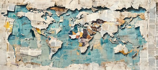 Abstract World Map Made from Ripped Newspaper Fragments for Global Editorial Designs