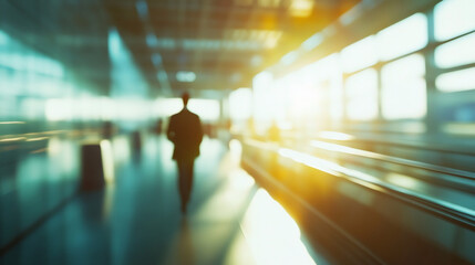 Blurred image of businessman walking in airport corridor next to moving walkway with sunlight