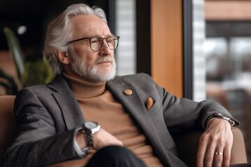 Stylish senior in a blazer, turtleneck, and pocket square, adjusting his watch while seated in a modern office.