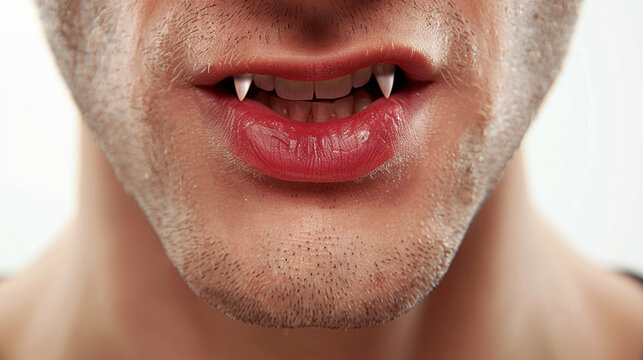 Close-up man featuring lips with vampire teeth, symbolizing mystery, fantasy, and Halloween themes
