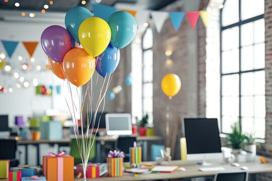 A festive office scene with colorful balloons, gifts, and decorations for a work anniversary celebration.