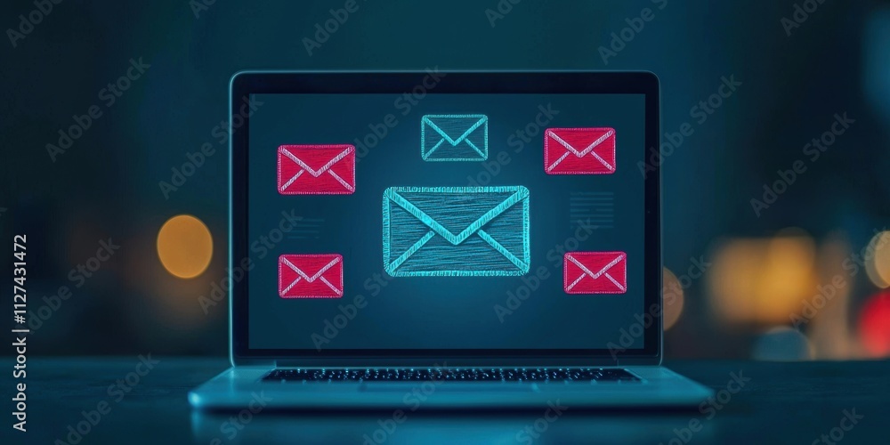 Poster laptop displaying digital envelope icons in red and blue colors on a dark blurred background. concep