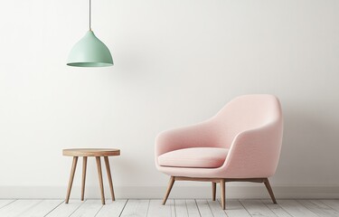 Obraz premium Stylish minimalist living room with a pink armchair and green pendant lamp, showcasing modern interior design
