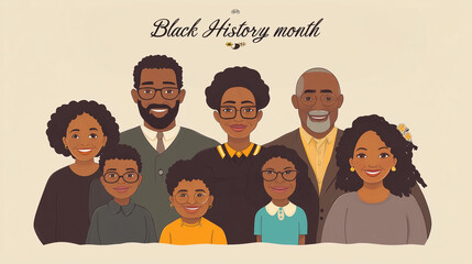 Illustration, big font text "Black History Month" at the top of the image, Big African American family portrait. African American history day. Mockup for poster or advertisement. Black men and women.