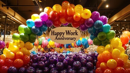 A grand display of rainbow-colored balloons arranged to celebrate a work anniversary, with a large "Happy Work Anniversary" balloon at the center.