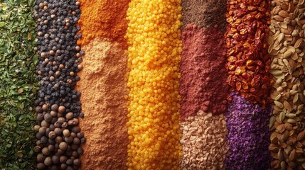 Flat lay of colorful spices with an empty central space, ideal for culinary or recipe-themed compositions.