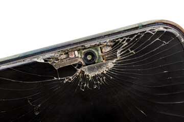 Broken black glass and camera abstract texture. Black cracked Touch Screen and camera of a phone...