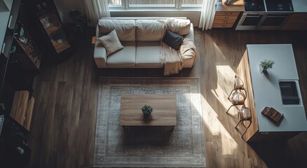 Top-down view of a stylish apartment living room featuring a comfortable white sofa, wooden coffee table, and hardwood floors, bathed in natural light from large windows.