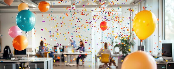 A lively office filled with confetti and balloons, celebrating a work anniversary with a team spirit.