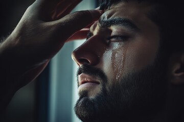 Fototapeta premium Man in emotional distress receives comfort and support in an indoor setting during the evening