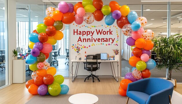 A large "Happy Work Anniversary" balloon arch welcoming guests into a festive office environment