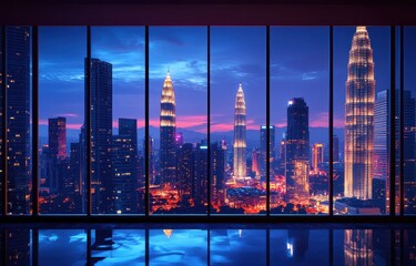 An empty room with stunning panoramic view of city skyline at dusk through large windows, showcasing iconic skyscrapers and vibrant urban life