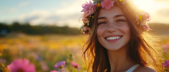 Fototapeta premium Capturing joy in a sunlit flower field filled with vibrant blossoms and a smiling woman wearing a floral crown during the golden hour of a summer evening
