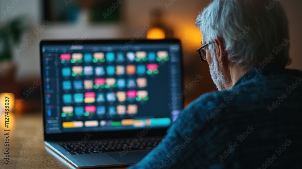 Poster senior man working on a laptop with graphic editing software at a cozy home workspace. close-up phot