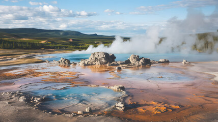 A geothermal area filled with steaming vents and bubbling mud pools