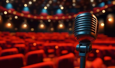 A microphone set against a beautifully designed auditorium background