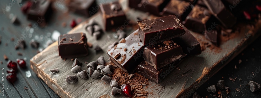 Poster dark chocolate bars and chips with cocoa powder on rustic board