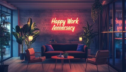 A neon "Happy Work Anniversary" sign glowing in a modern office meeting room, marking a team achievement in a stylish setting.