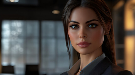 Obraz premium Businesswoman in a modern office, wearing a dark suit and light shirt, poses with her long brown hair and brown eyes