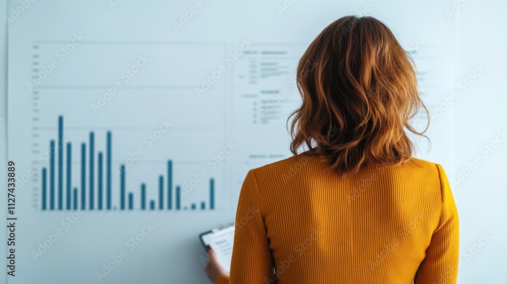 Poster rear view of woman analyzing bar charts on a wall display. business and data analysis concept.