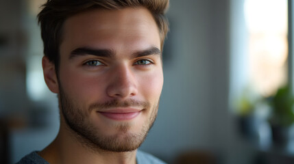 Obraz premium Portrait of a confident young man with a beard and short brown hair, smiling in a softly focused indoor environment
