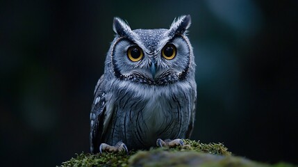 Majestic owl with piercing yellow eyes perched on mossy rock.