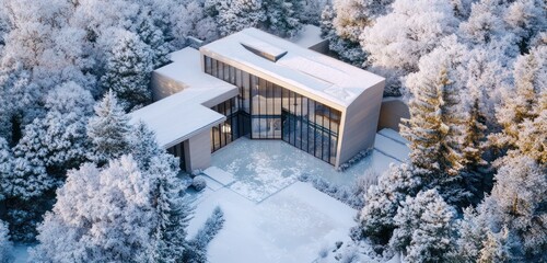 A bird's-eye view of a luxurious villa with angular design, expansive glass windows, and a frosted courtyard framed by a snow-covered forest
