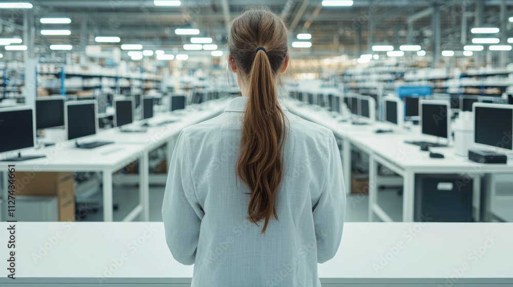 Aufkleber rear view of a woman with a ponytail wearing a white coat in a large modern factory with rows of com