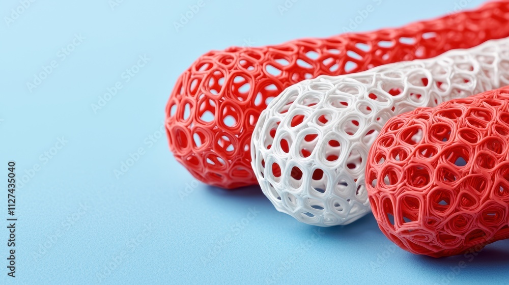 Poster abstract red and white 3d printed mesh structures on a blue background