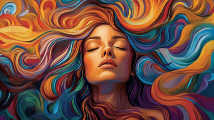 Serene Woman  Abstract Colorful Hair  Peaceful Face  Dreamy Art   Spiritual  Meditation  T